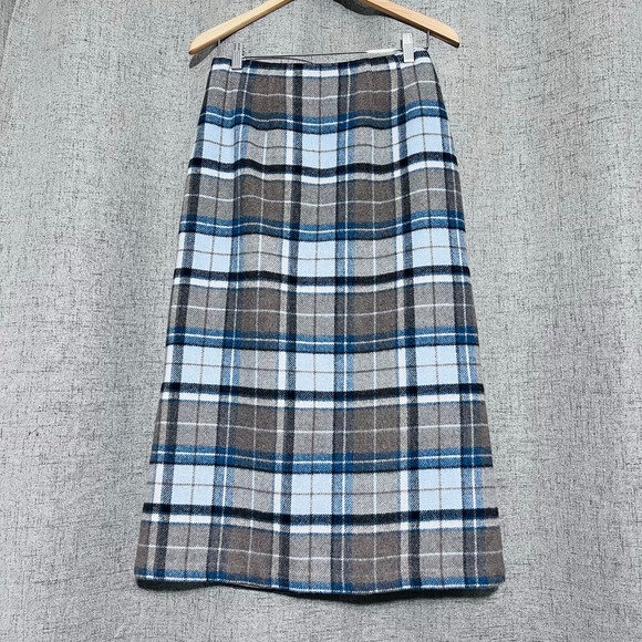 Chadwicks Skirt‎ Women 4P Light Blue Brown Plaid Flannel Lined Midi Pencil - Picture 1 of 7
